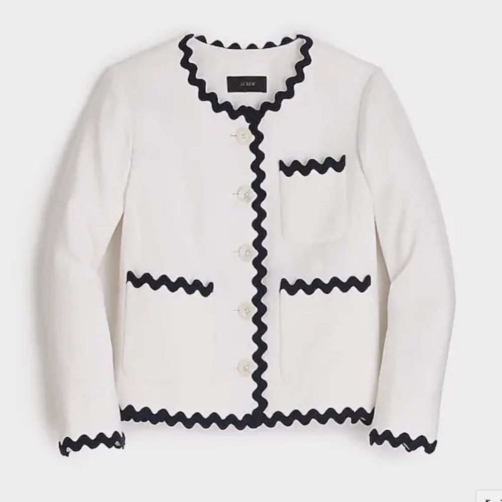 J. Crew White Lady Linen Jacket with Black Rick Rack Scallop Trim